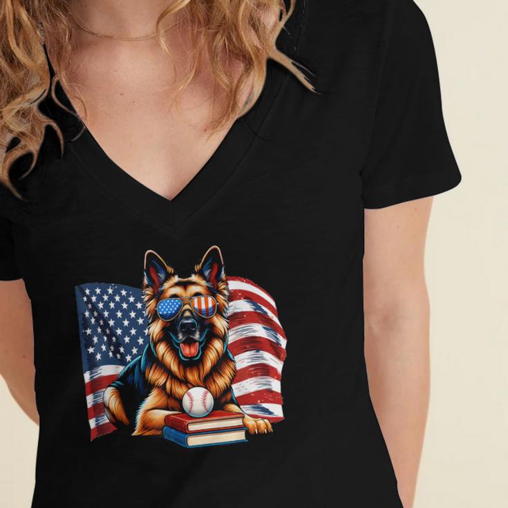 Patriotic German Shepherd Dog Books Baseball American Flag Women's Jersey Short Sleeve Deep V-Neck Tshirt