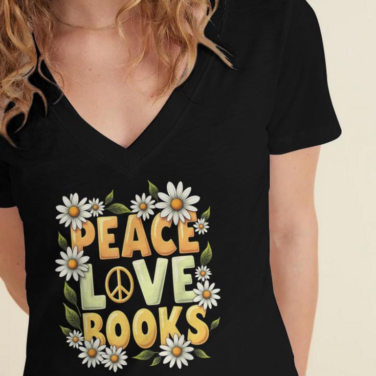 Peace Love Books Librarian Teacher Life Book Library Women's Jersey Short Sleeve Deep V-Neck Tshirt