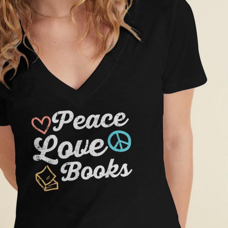Peace Love Books Read Book Reading Librarian Across America Women's Jersey Short Sleeve Deep V-Neck Tshirt