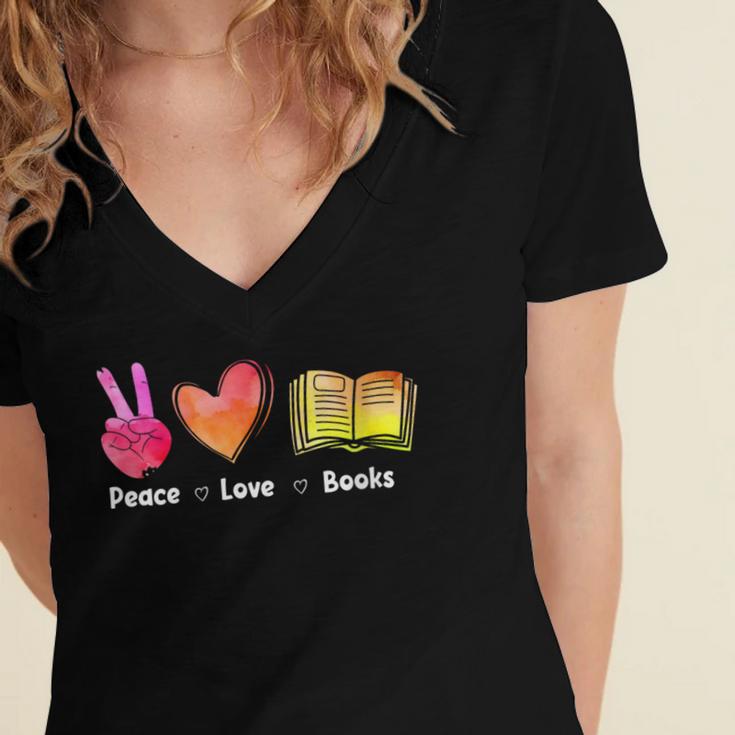Peace Love Books Reader Librarian Library Book Women's Jersey Short Sleeve Deep V-Neck Tshirt