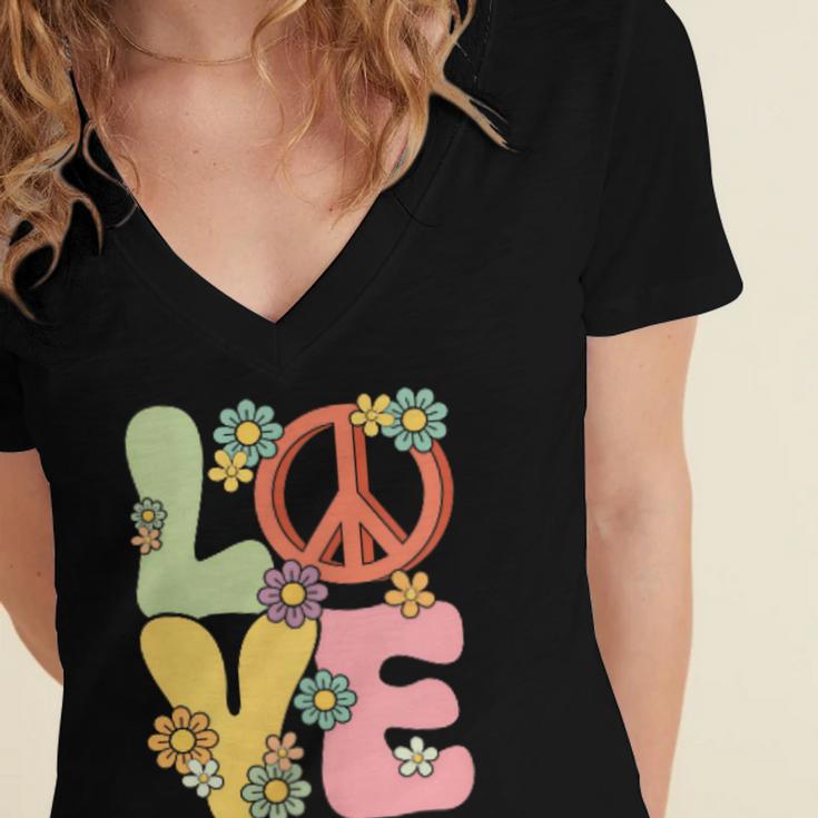 Peace Sign Love Groovy Vibes Costume Nostalgia 1980s Fashion Women's Jersey Short Sleeve Deep V-Neck Tshirt
