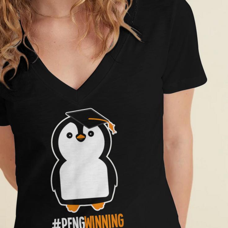 Penguin Graduation For Grads Hashtag Pengwinning Women's Jersey Short Sleeve Deep V-Neck Tshirt