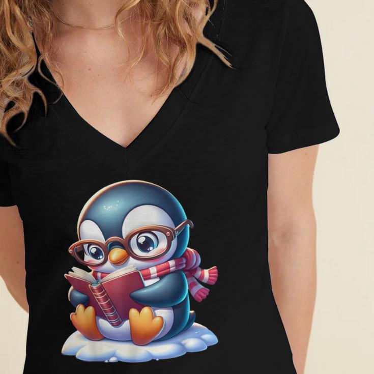Penguin Reading a Book Animal Women's Jersey Short Sleeve Deep V-Neck Tshirt