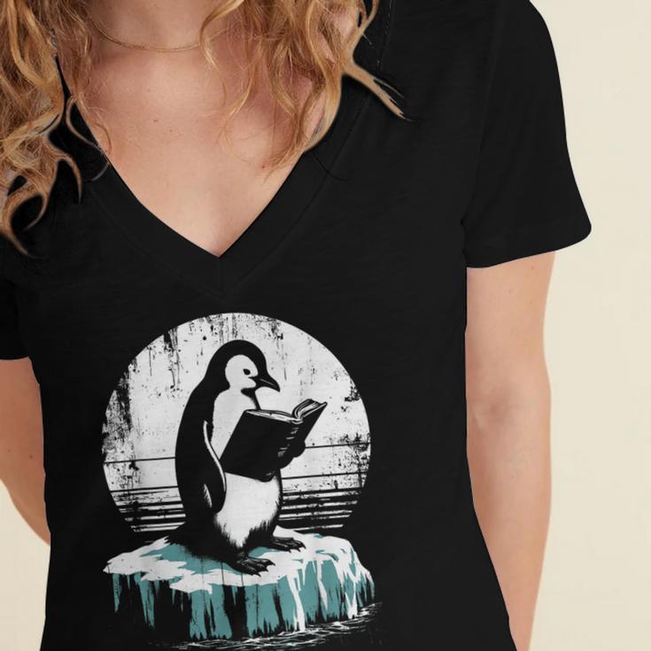 Penguin Reading A Book Vintage Graphic Bookworm Lover Women's Jersey Short Sleeve Deep V-Neck Tshirt