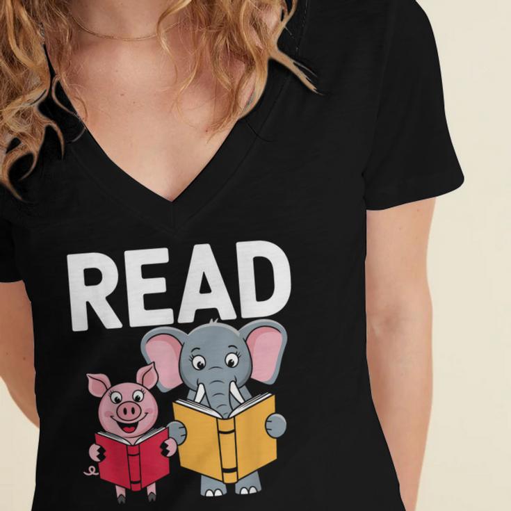 Pig Elephant Reading Cute Book Lover Bookworm Boys Girls Kid Women's Jersey Short Sleeve Deep V-Neck Tshirt Pig Elephant Reading Cute Book Lover Bookworm Boys Girls Kid Women's Jersey Short Sleeve Deep V-Neck Tshirt