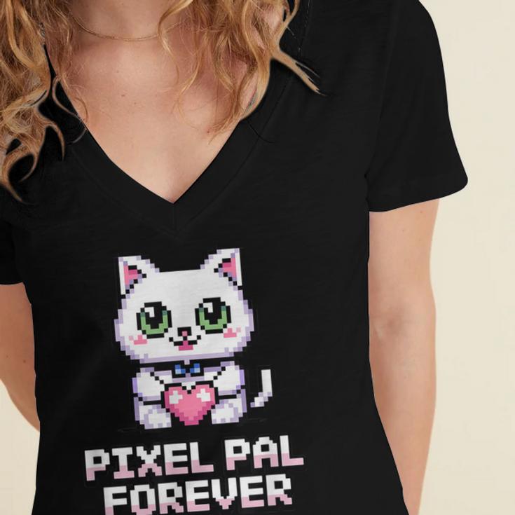 Pixel Art Pet Cat Y2K Retro Vintage Digital Nostalgia Tech Women's Jersey Short Sleeve Deep V-Neck Tshirt
