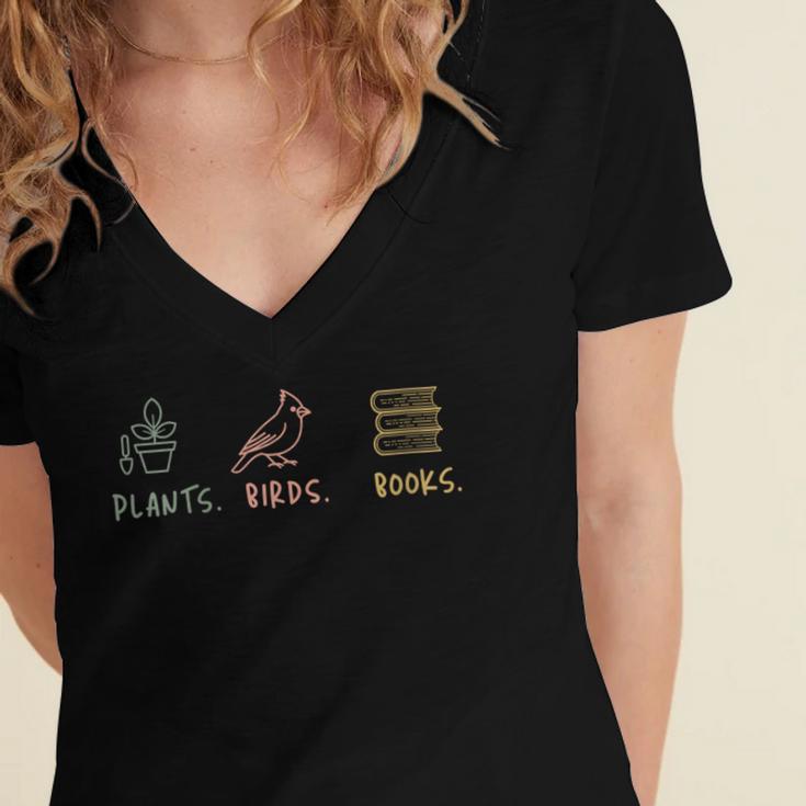 Plants Birds Books Lover Bird Watching Outfit For Bird Nerd Women's Jersey Short Sleeve Deep V-Neck Tshirt Plants Birds Books Lover Bird Watching Outfit For Bird Nerd Women's Jersey Short Sleeve Deep V-Neck Tshirt