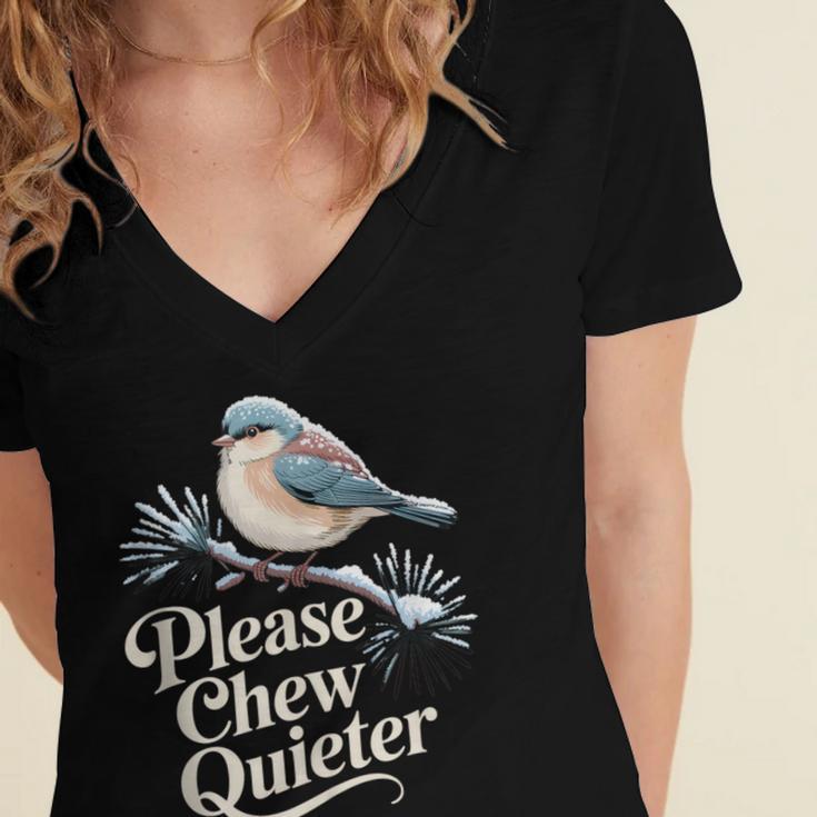 Please Chew Quieter Introvert Christmas Bird Lover Women's Jersey Short Sleeve Deep V-Neck Tshirt