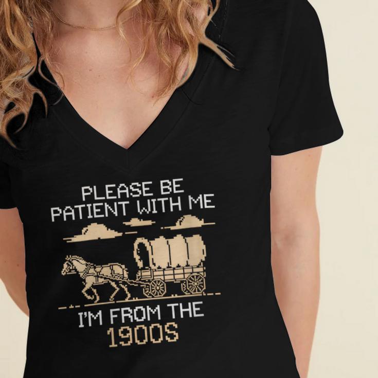 Please Be Patient I'm From The 1900s Retro Pixel Horse Wagon Women's Jersey Short Sleeve Deep V-Neck Tshirt