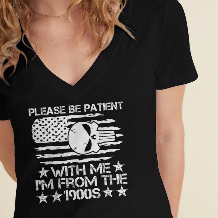Please Be Patient With Me I'm From The 1900s USA Flag Skull Women's Jersey Short Sleeve Deep V-Neck Tshirt
