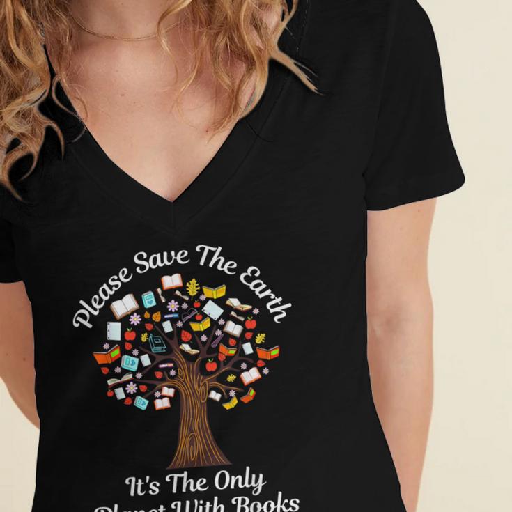 Please Save The Earth It's The Only Planet With Books Women's Jersey Short Sleeve Deep V-Neck Tshirt