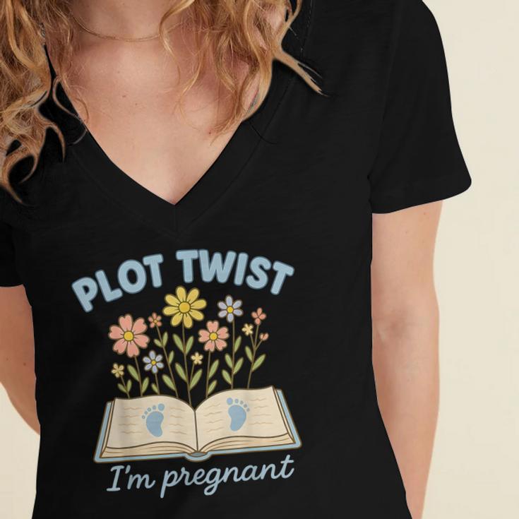 Plot Twist I'm Pregnant Literary Pregnancy Announcement Book Women's Jersey Short Sleeve Deep V-Neck Tshirt
