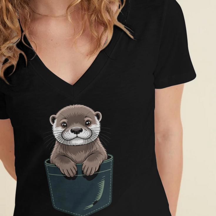 Pocket Otter Lover Introvert Cute Animal Fun Surprise Women's Jersey Short Sleeve Deep V-Neck Tshirt Pocket Otter Lover Introvert Cute Animal Fun Surprise Women's Jersey Short Sleeve Deep V-Neck Tshirt