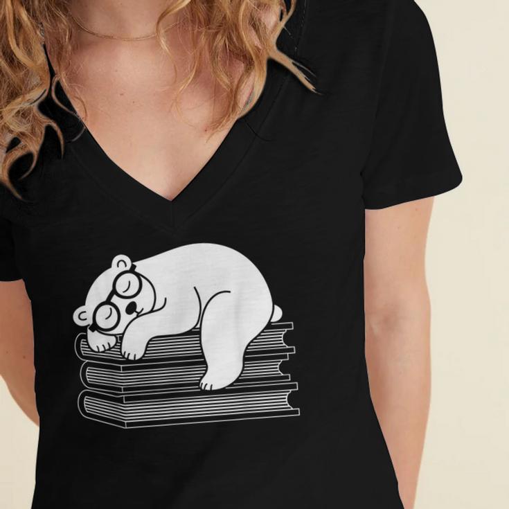 Polar Bear Reading Book Pajama Sleep Women's Jersey Short Sleeve Deep V-Neck Tshirt