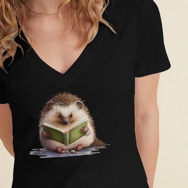 Porcupine Reading Book Hedgehog Book Lover Women's Jersey Short Sleeve Deep V-Neck Tshirt