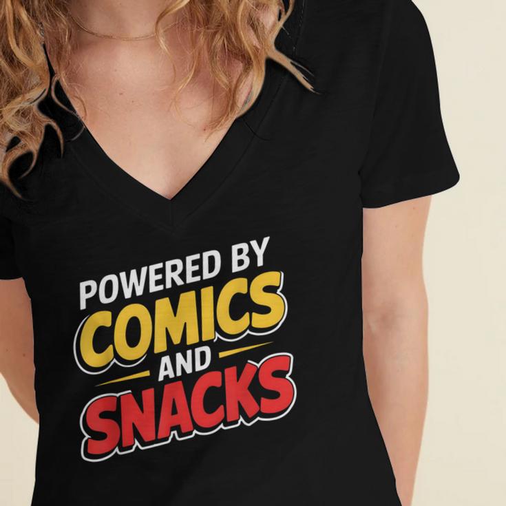 Powered By Comics And Snacks Comic Book Lover Women's Jersey Short Sleeve Deep V-Neck Tshirt