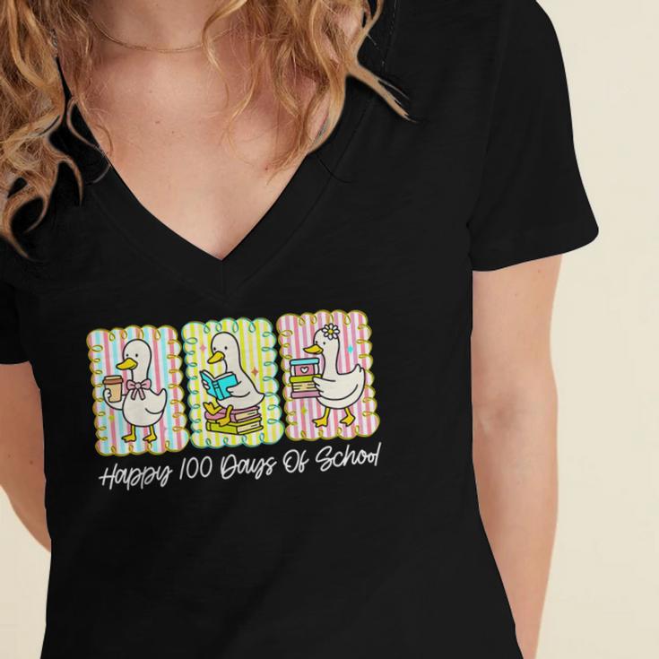 Preppy 100 Days Of School Goose Coffee Books Teacher Life Women's Jersey Short Sleeve Deep V-Neck Tshirt Preppy 100 Days Of School Goose Coffee Books Teacher Life Women's Jersey Short Sleeve Deep V-Neck Tshirt