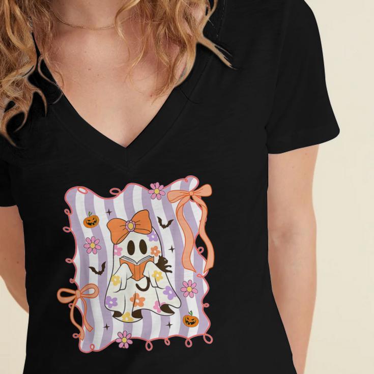 Preppy Coquette Bow Ghost Reading Books Halloween Book Women's Jersey Short Sleeve Deep V-Neck Tshirt