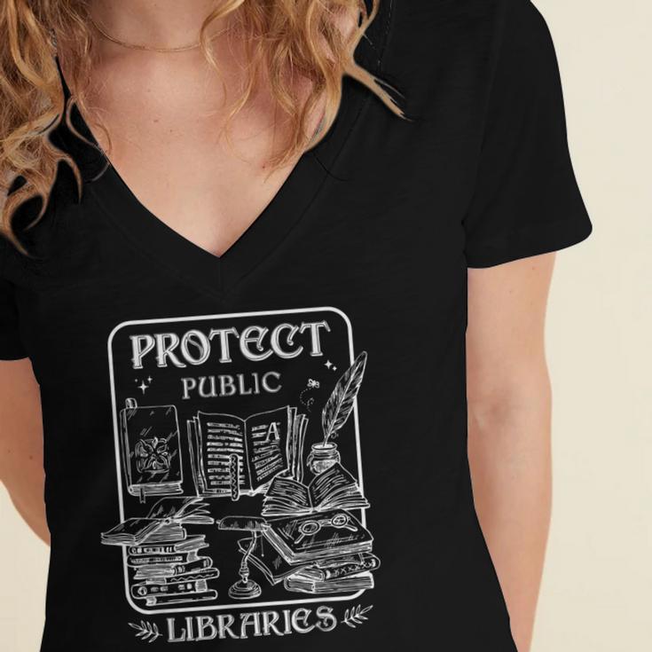 Protect Public Libraries Support Local Librarian Book Lover Women's Jersey Short Sleeve Deep V-Neck Tshirt