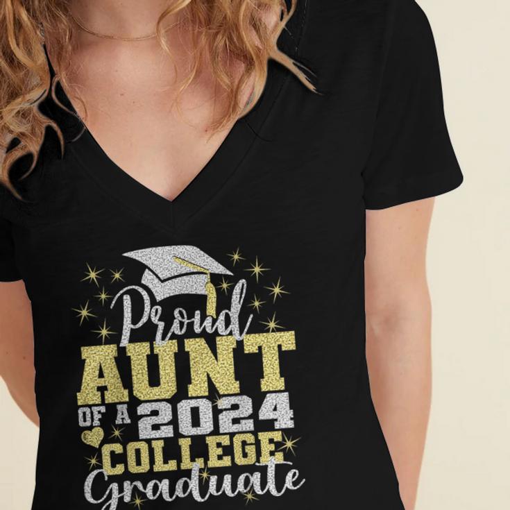 Proud Aunt Of 2024 College Graduate Family 24 Graduation Women's Jersey Short Sleeve Deep V-Neck Tshirt