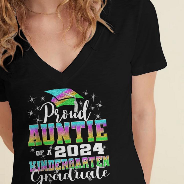 Proud Auntie Of Kindergarten Graduate 2024 Graduation Auntie Women's Jersey Short Sleeve Deep V-Neck Tshirt