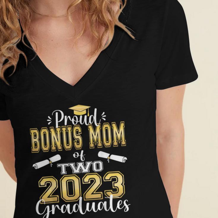Proud Bonus Mom Of Two 2023 Graduate Class 2023 Graduation Women's Jersey Short Sleeve Deep V-Neck Tshirt