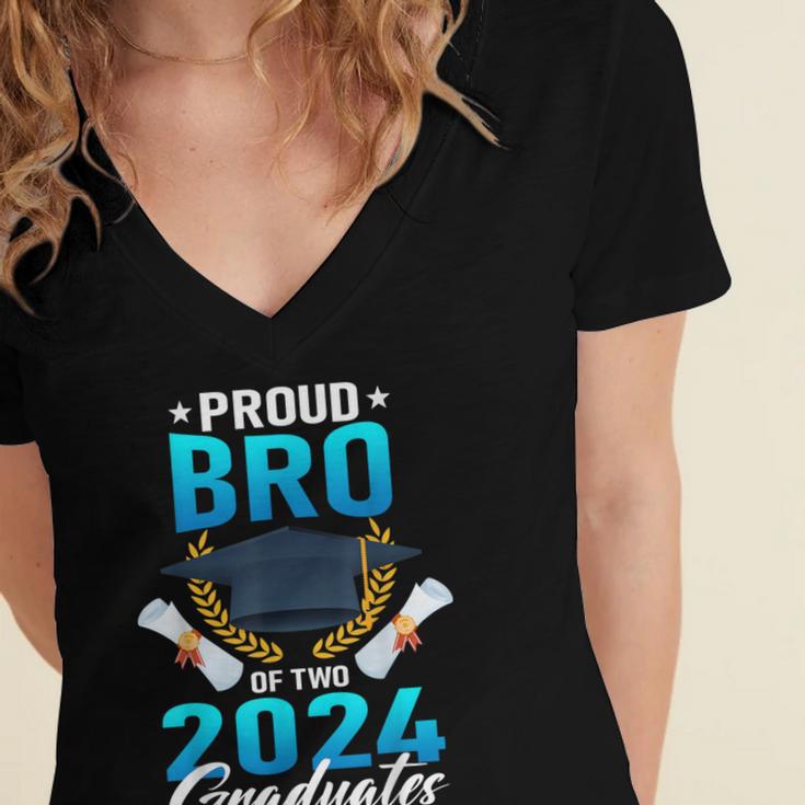 Proud Brother Of Two 2024 Graduates Twin Family Graduation Women's Jersey Short Sleeve Deep V-Neck Tshirt