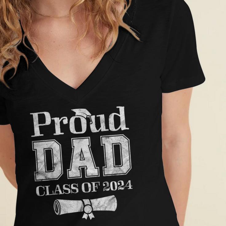 Proud Dad Of 2024 Graduate Father Senior 24 Graduation Women's Jersey Short Sleeve Deep V-Neck Tshirt