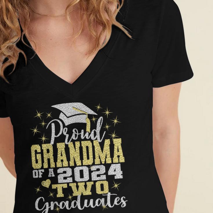 Proud Grandma Of Two 2024 Graduate Class 2024 Graduation Women's Jersey Short Sleeve Deep V-Neck Tshirt