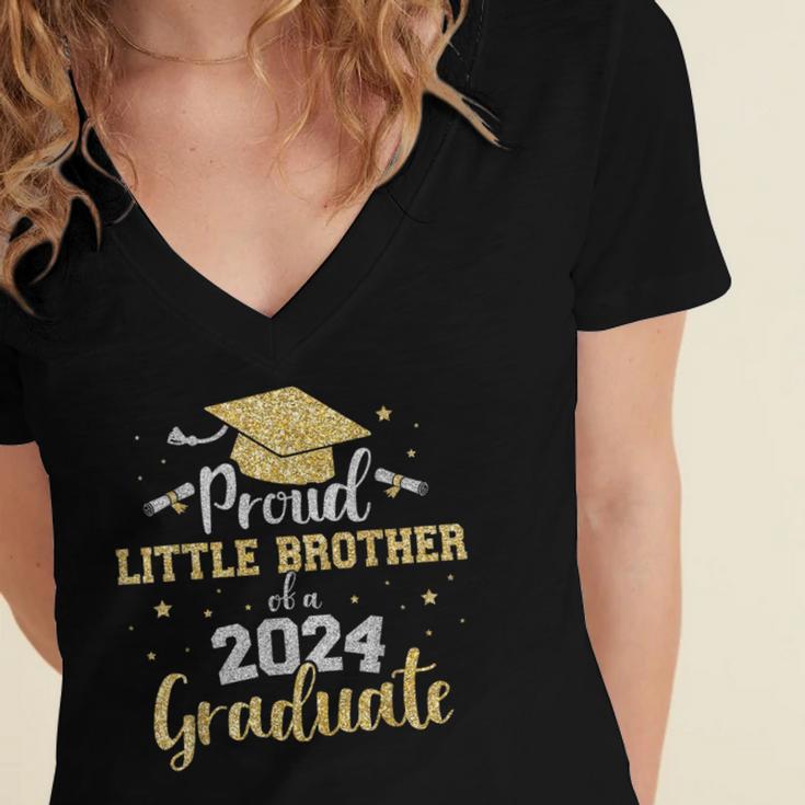 Proud Little Brother Class 2024 Graduate Senior Graduation Women's Jersey Short Sleeve Deep V-Neck Tshirt