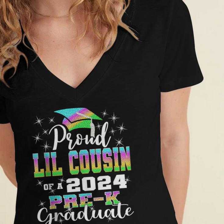 Proud Little Cousin Of PreK School Graduate 2024 Graduation Women's Jersey Short Sleeve Deep V-Neck Tshirt