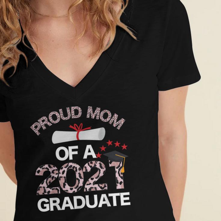 Proud Mom Of A 2021 Graduate Leopard Print Graduation Mama Women's Jersey Short Sleeve Deep V-Neck Tshirt