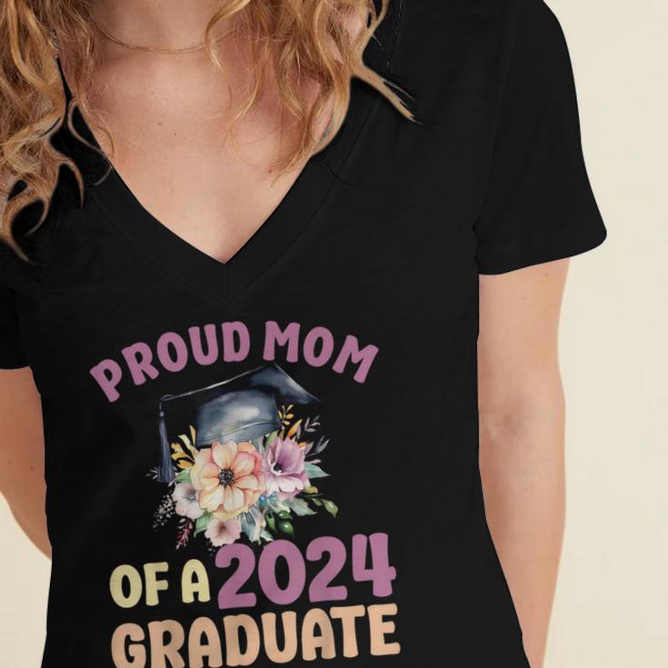 Proud Mom Of a 2024 Graduate Floral Flower Family Graduation Women's Jersey Short Sleeve Deep V-Neck Tshirt
