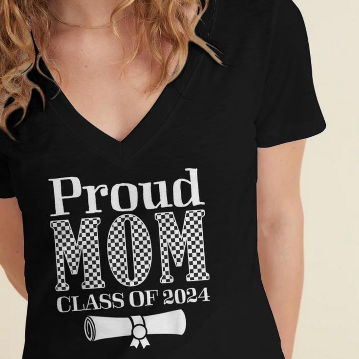 Proud Mom Of a 2024 Graduate Mama Checkered Graduation Women's Jersey Short Sleeve Deep V-Neck Tshirt