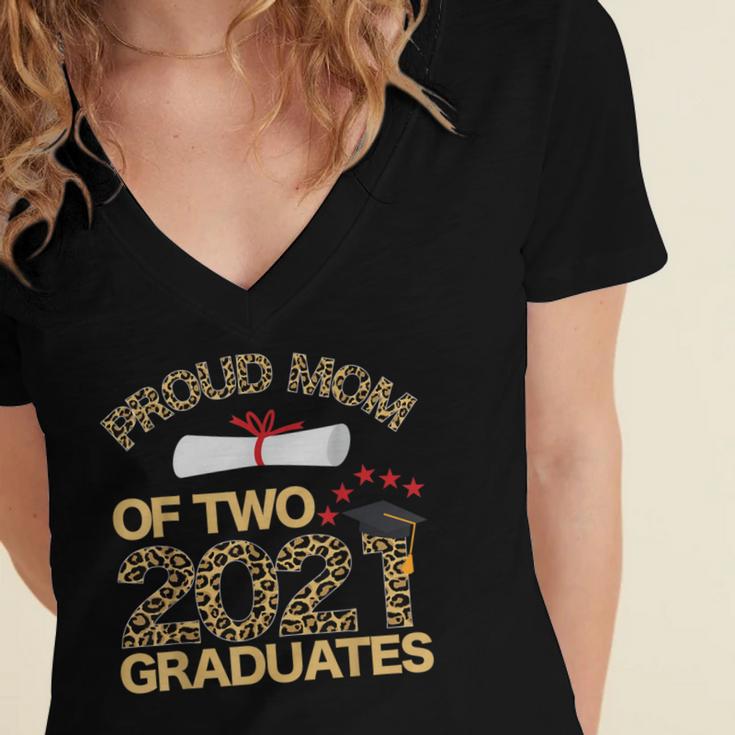 Proud Mom Of Two 2021 Graduates Twin Mama Graduation Leopard Women's Jersey Short Sleeve Deep V-Neck Tshirt