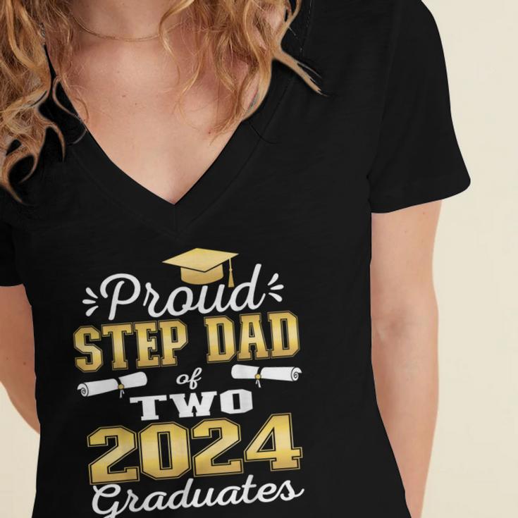 Proud Step Dad Of Two 2024 Graduate Class 2024 Graduation Women's Jersey Short Sleeve Deep V-Neck Tshirt