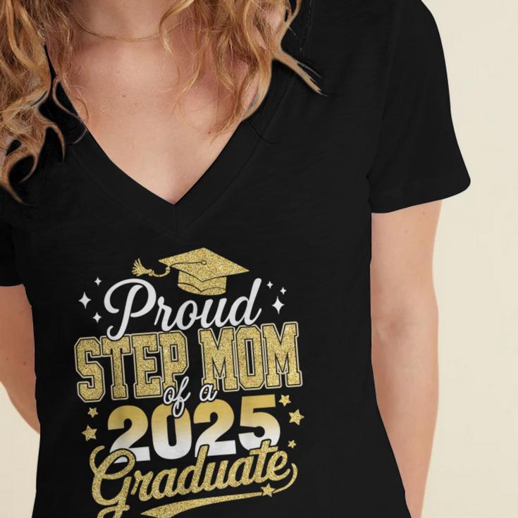 Proud Step Mom Of A Class Of 2025 Graduate Senior Graduation Women's Jersey Short Sleeve Deep V-Neck Tshirt