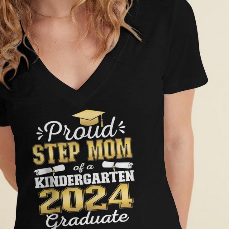 Proud Step Mom Of Kindergarten Graduate 2024 Graduation Step Women's Jersey Short Sleeve Deep V-Neck Tshirt
