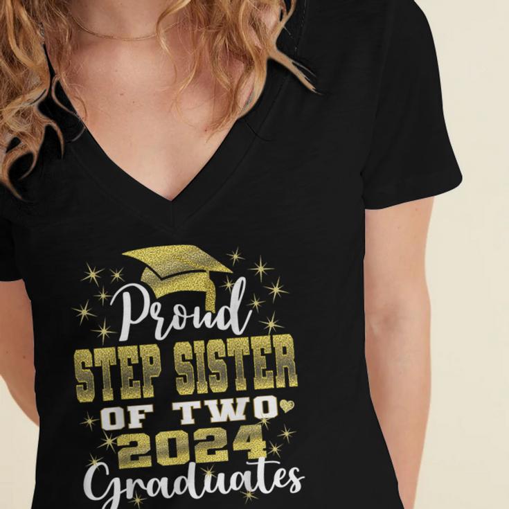 Proud Step Sister Of Two 2024 Graduate Class 2024 Graduation Women's Jersey Short Sleeve Deep V-Neck Tshirt