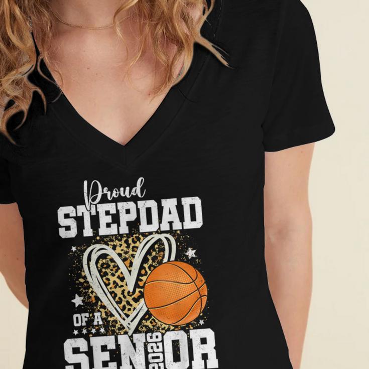 Proud Stepdad Of A 2026 Senior Basketball Graduation Leopard Women's Jersey Short Sleeve Deep V-Neck Tshirt