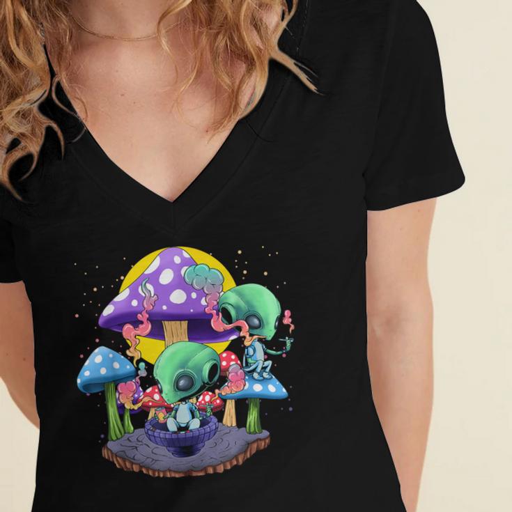 Psychedelic Alien Mushroom Nostalgia Groovy Vibe Hippie Women's Jersey Short Sleeve Deep V-Neck Tshirt Psychedelic Alien Mushroom Nostalgia Groovy Vibe Hippie Women's Jersey Short Sleeve Deep V-Neck Tshirt