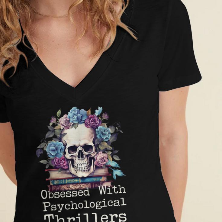 Psychological Thriller Reader Fan Skull Flowers Books Women's Jersey Short Sleeve Deep V-Neck Tshirt Psychological Thriller Reader Fan Skull Flowers Books Women's Jersey Short Sleeve Deep V-Neck Tshirt