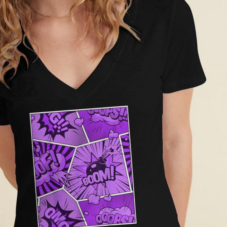 Purple Comic Book Purple Color Graphic Women's Jersey Short Sleeve Deep V-Neck Tshirt