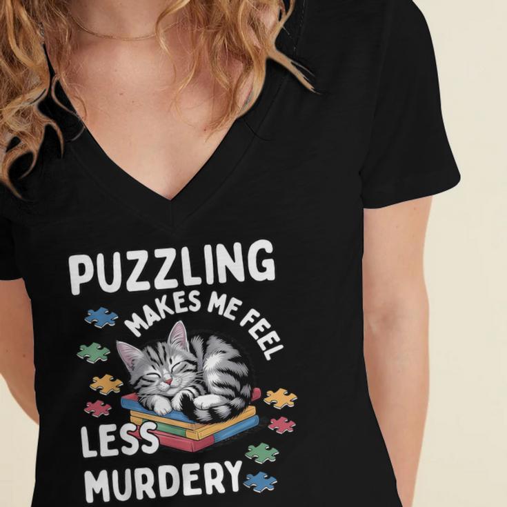 Puzzling Makes Me Feel Less Murdery Introvert Puzzle Cat Women's Jersey Short Sleeve Deep V-Neck Tshirt Puzzling Makes Me Feel Less Murdery Introvert Puzzle Cat Women's Jersey Short Sleeve Deep V-Neck Tshirt