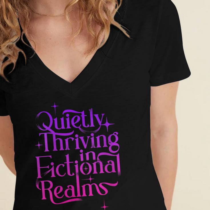 Quietly Thriving In Fictional Realms Book Lovers Women's Jersey Short Sleeve Deep V-Neck Tshirt