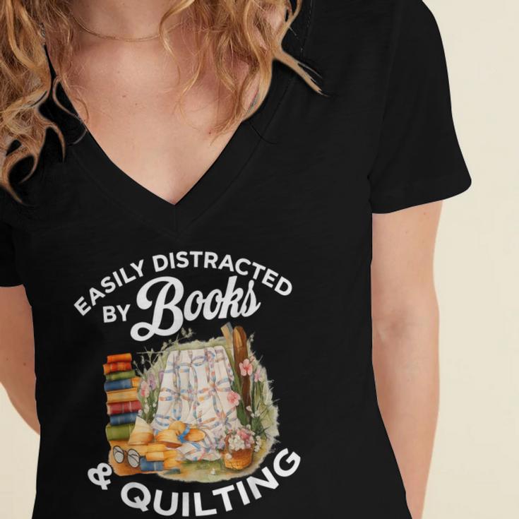 Quilting Sewing Machine Quilter Easily Distracted By Book Women's Jersey Short Sleeve Deep V-Neck Tshirt