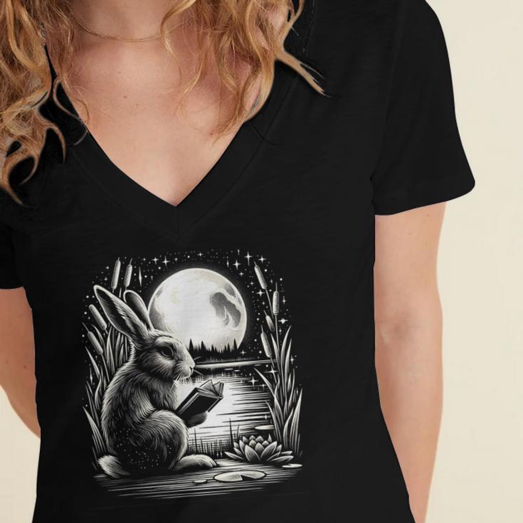 Rabbit Reading Book Full Moon Lake Scenery Women's Jersey Short Sleeve Deep V-Neck Tshirt