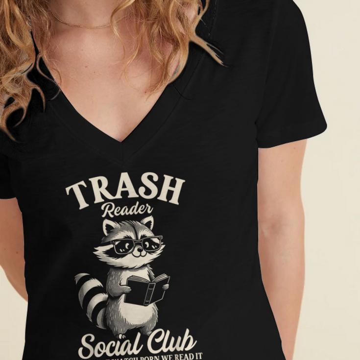 Raccoon Bookworm Readers Library Smut Reader Spicy Book Romance Rash Reader Social Club Women's Jersey Short Sleeve Deep V-Neck Tshirt