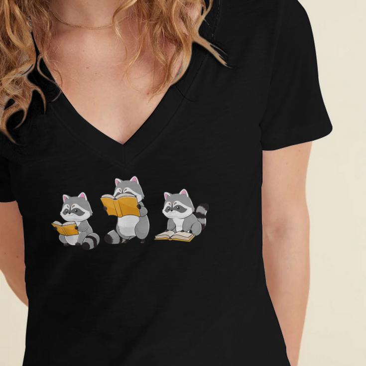 Raccoons Reading Books Raccoon Bookish Bookworm Raccoon Book Women's Jersey Short Sleeve Deep V-Neck Tshirt