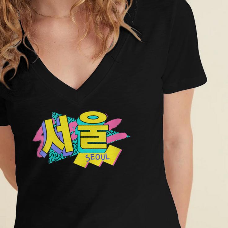 Rad Retro Seoul 90s Style Vintage South Korea 90s Nostalgia Women's Jersey Short Sleeve Deep V-Neck Tshirt